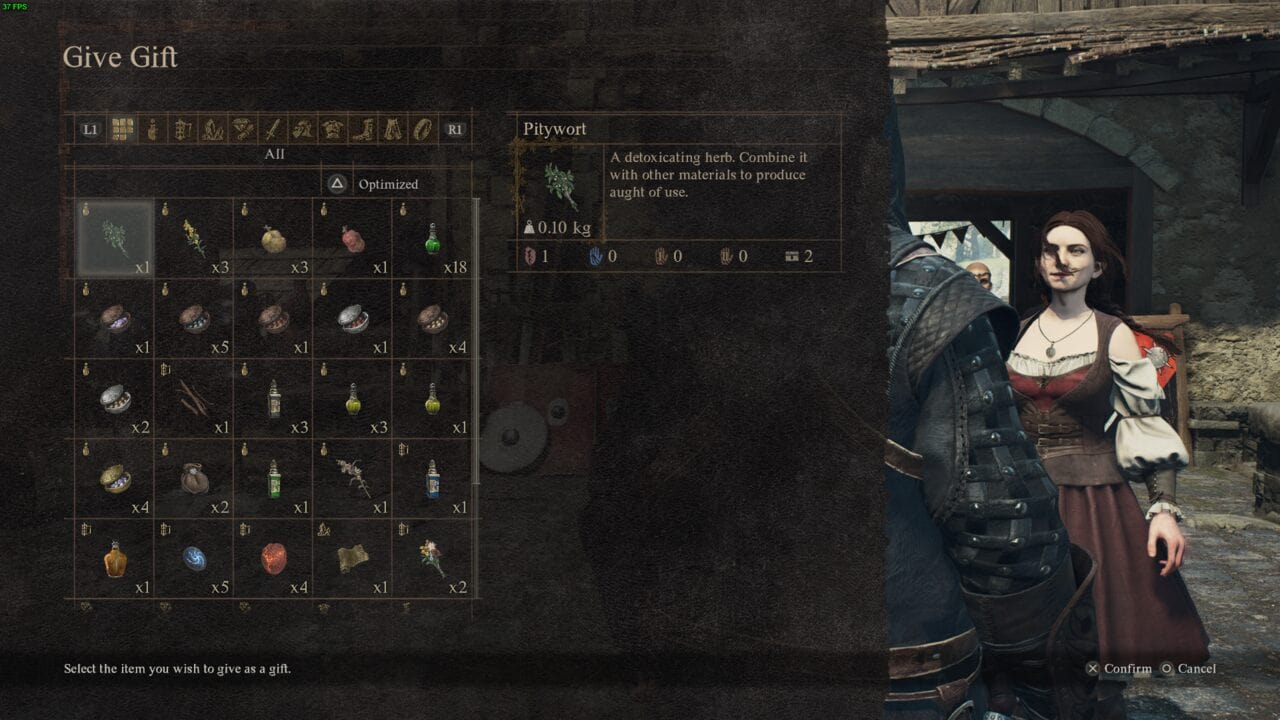 A player in Dragon's Dogma 2 interacts with a non-player character, choosing items to give as gifts from an inventory menu.