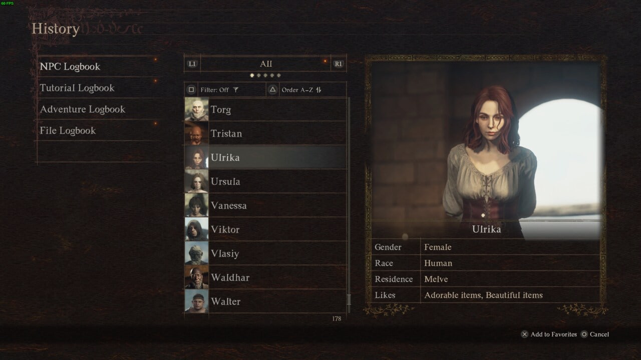 A screenshot from Dragon's Dogma 2 showcasing a character profile for 'Ulrika,' a female human NPC with a preference for adorable and beautiful gifts.