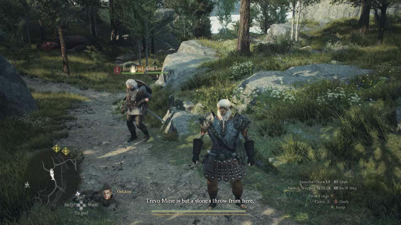 Dragon's Dogma 2 how to revive Pawns: A player standing on a path with their Pawns walking behind them.