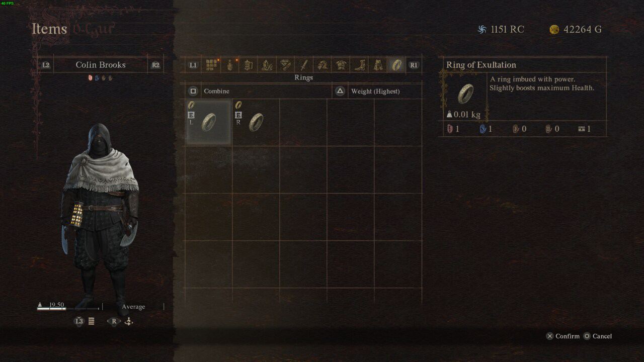 A screenshot from Dragon's Dogma 2 displaying an inventory screen, where a character is equipped with a "ring of exsanguination" which boosts maximum health.