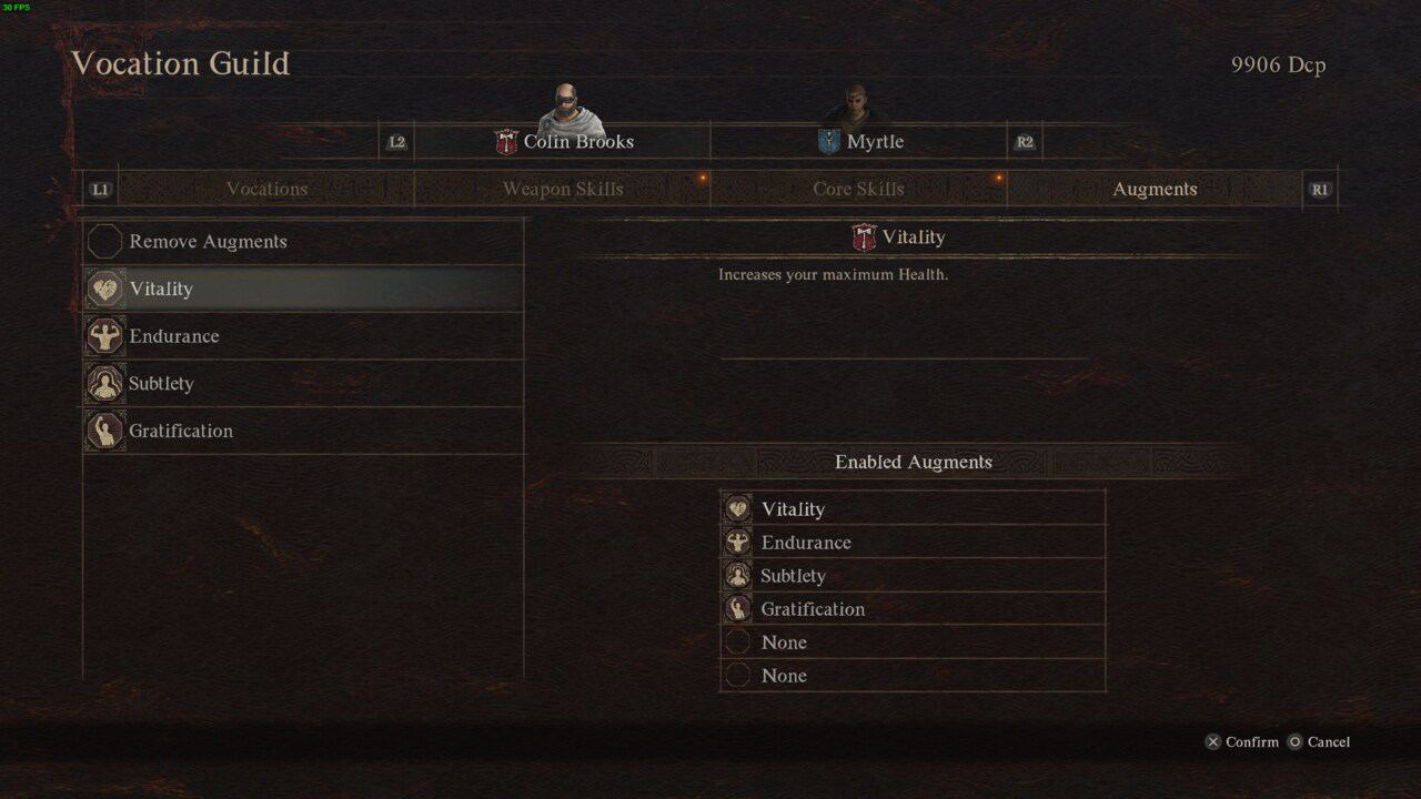 A screenshot of Dragon's Dogma 2 video game interface showing a character's vocation guild menu with options for core skills, weapon skills, and augments, highlighting an increase in maximum health through