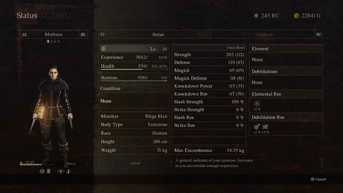 Dragon's Dogma 2 how to increase weight limit and encumbrance: The Character status menu screen.