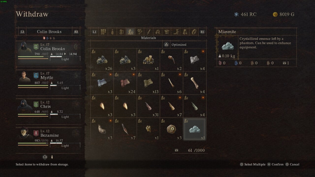 Inventory management screen from Dragon's Dogma 2 showing a character named Colin Brooks with items, materials, and Miasmite for gameplay use, alongside available gold.