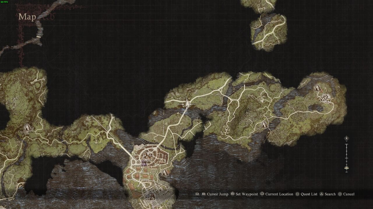 A screenshot of a digital map from Dragon's Dogma 2, highlighting terrain features and pathways with an overlaid user interface for navigation.
