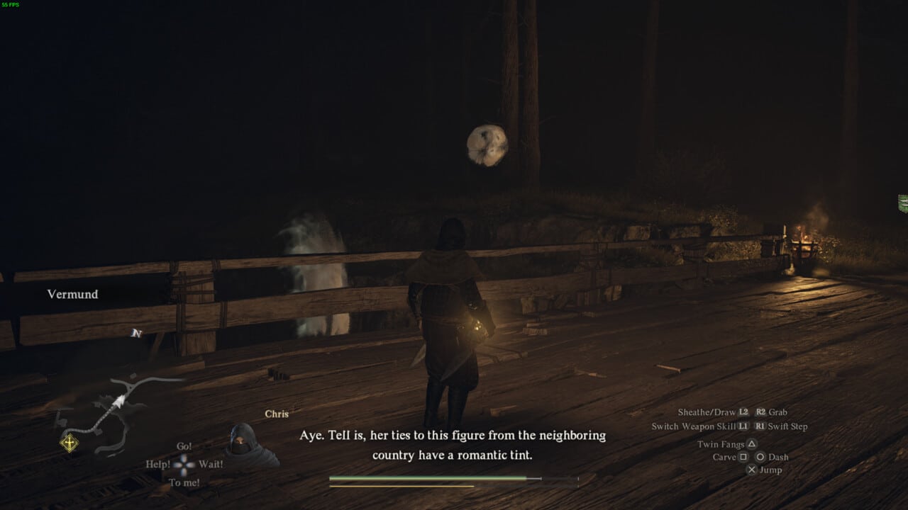 A player character in Dragon's Dogma 2 stands on a wooden bridge at night, with a full moon visible in the background and game interface elements overlaying the image.