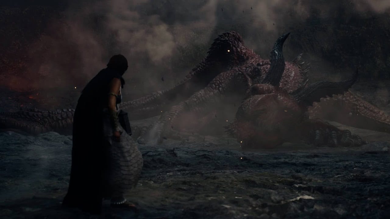 Dragon's Dogma 2 missable content: A player next to a dying dragon. Image captured by VideoGamer.