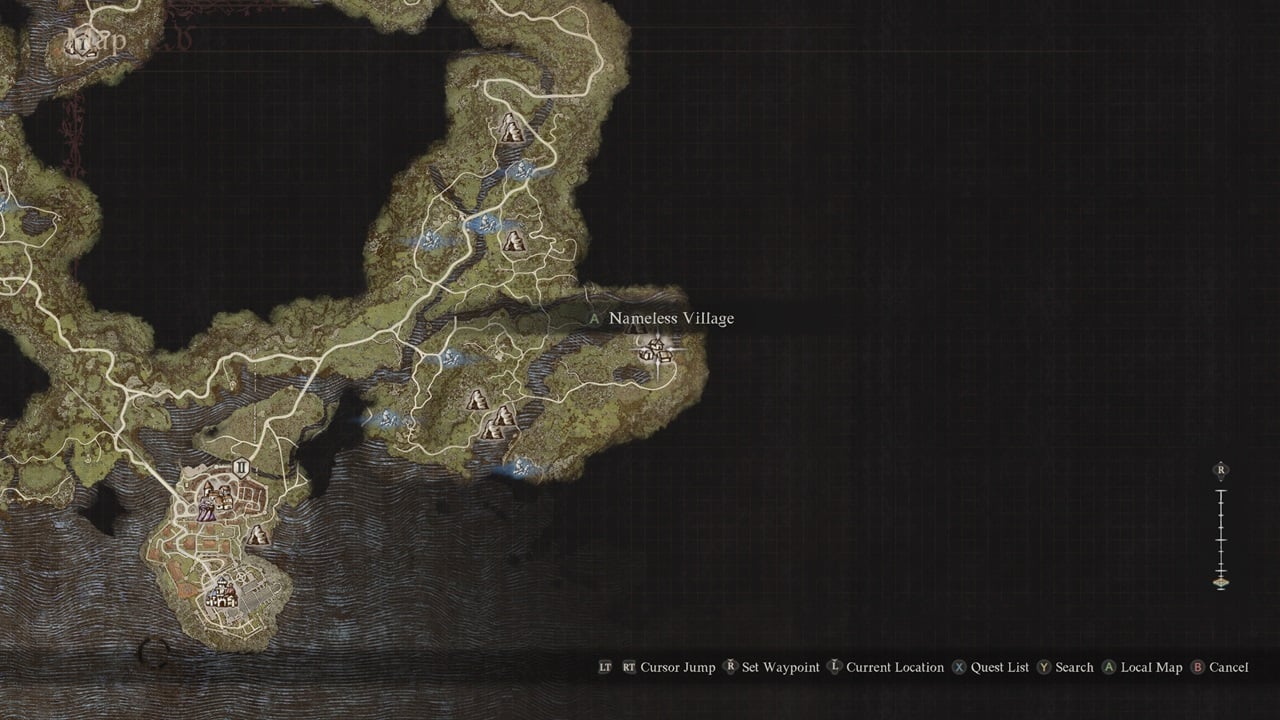 Dragon's Dogma 2 Nameless Village: the Nameless Village location marked on the map.