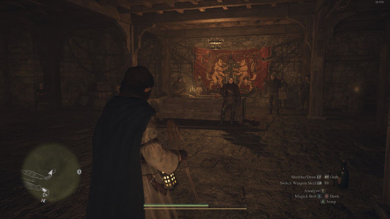 Dragon's Dogma 2 Nameless Village: a group of thieves standing a dark underground room with an ornate tapestry on the wall.