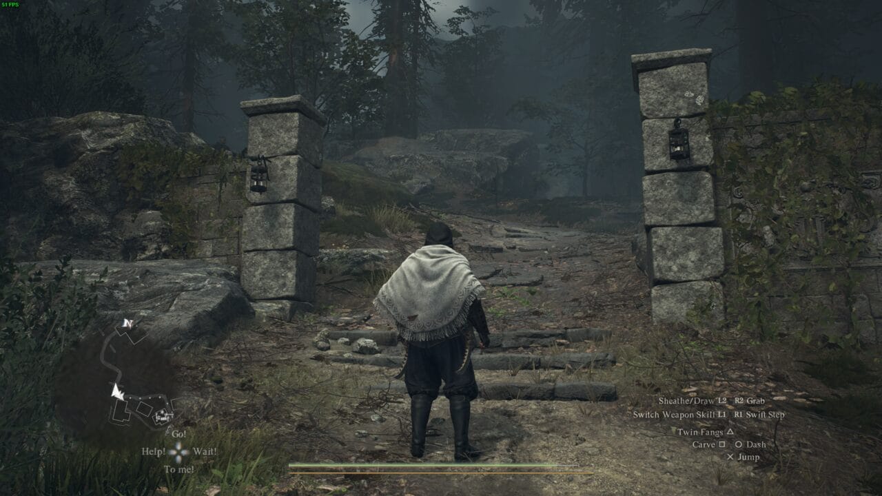 Dragon's Dogma 2 Namless Village: thief standing near two pillars.