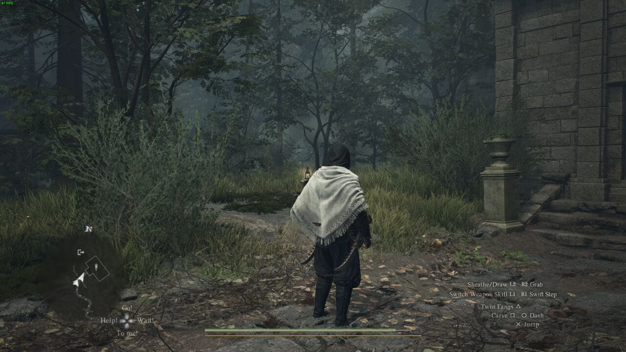 Dragon's Dogma 2 Nameless Village: thief standing near a bench and an overgrown path.