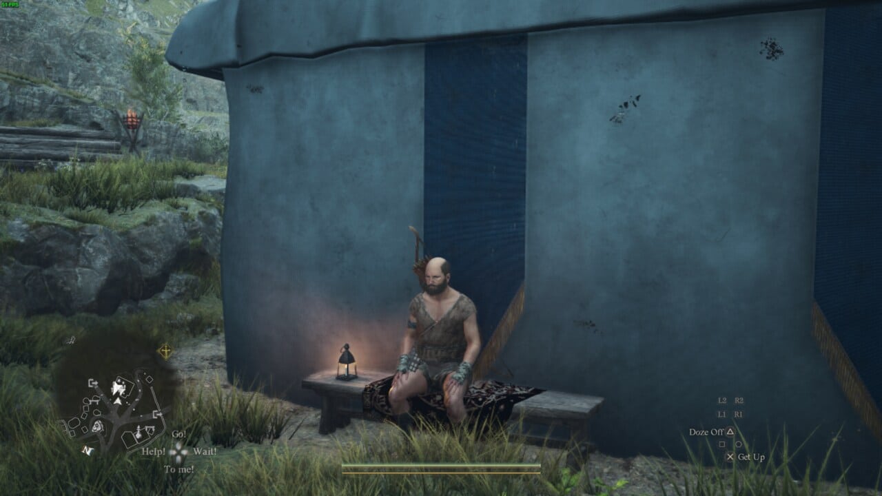 A character from a video game sitting on a bench next to a small fire with a desolate backdrop demonstrates how to pass time in Dragon’s Dogma 2.