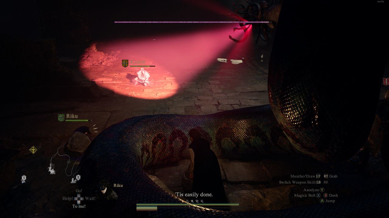 Dragon's Dogma 2 pawn impermanence: An image of a character being turned to stone by a monster in-game. Image captured by VideoGamer.