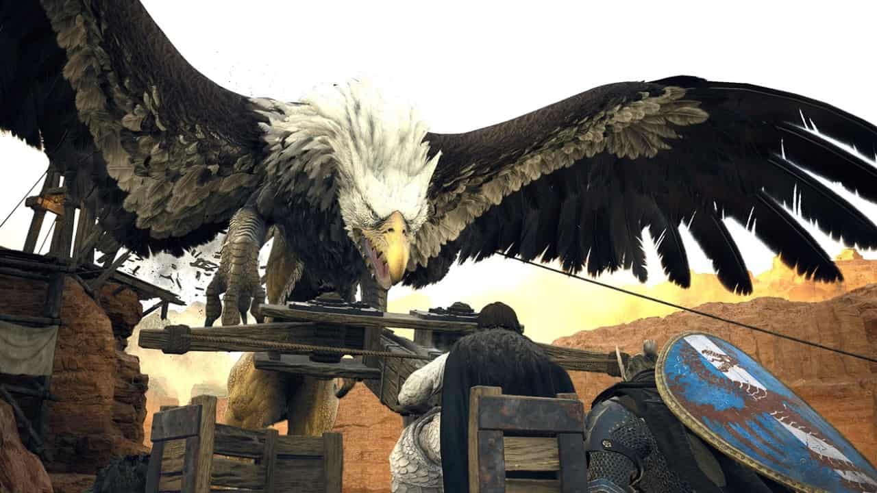 Dragon's Dogma 2 review: An image of a player aiming a ballista at a Griffin.
