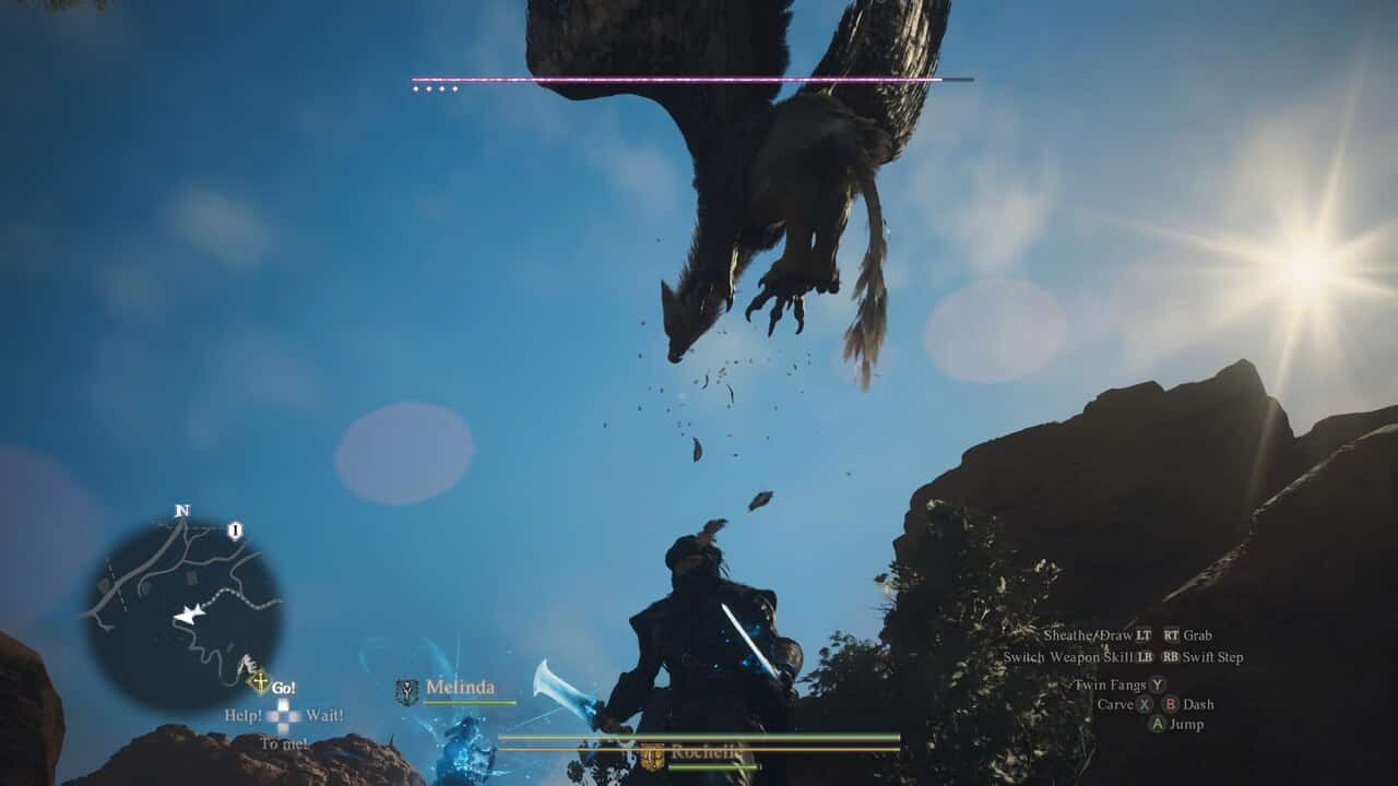 Dragon's Dogma 2 sales: A Rogue standing with two daggers while a griffin flies overhead.