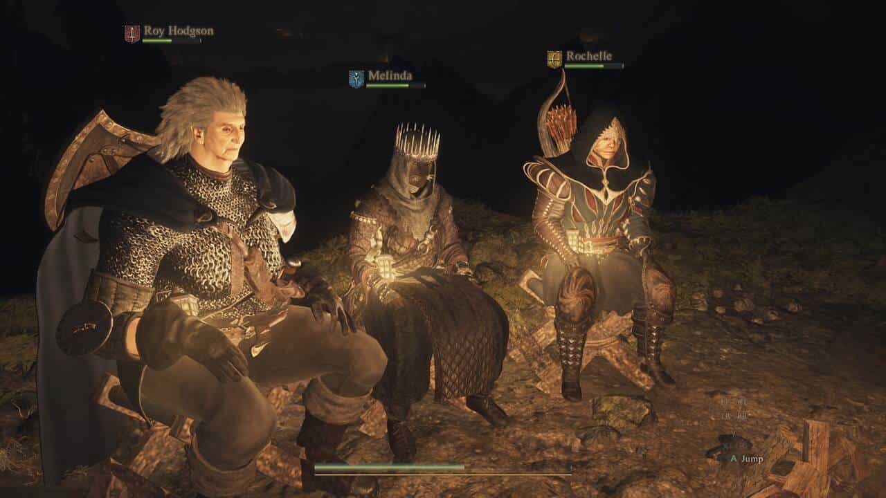 Dragon's Dogma 2 sales: Three pawns sitting around a campfire.