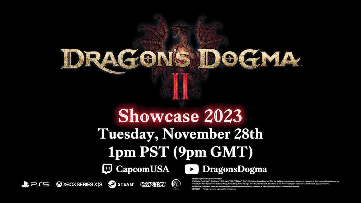 The Dragon's Dogma 2 Showcase 2023 logo with the start date and time.