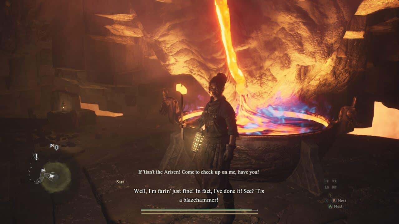 Dragon's Dogma 2 Steeled Resolve, Blazing Forge: Talking to Sara at the forge with the blazehammer.