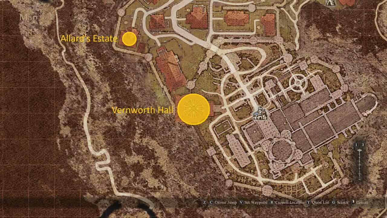Dragon's Dogma 2 The Stolen Throne: A map with Allard's Estate and Vernworth Hall highlighted. Image captured by VideoGamer.