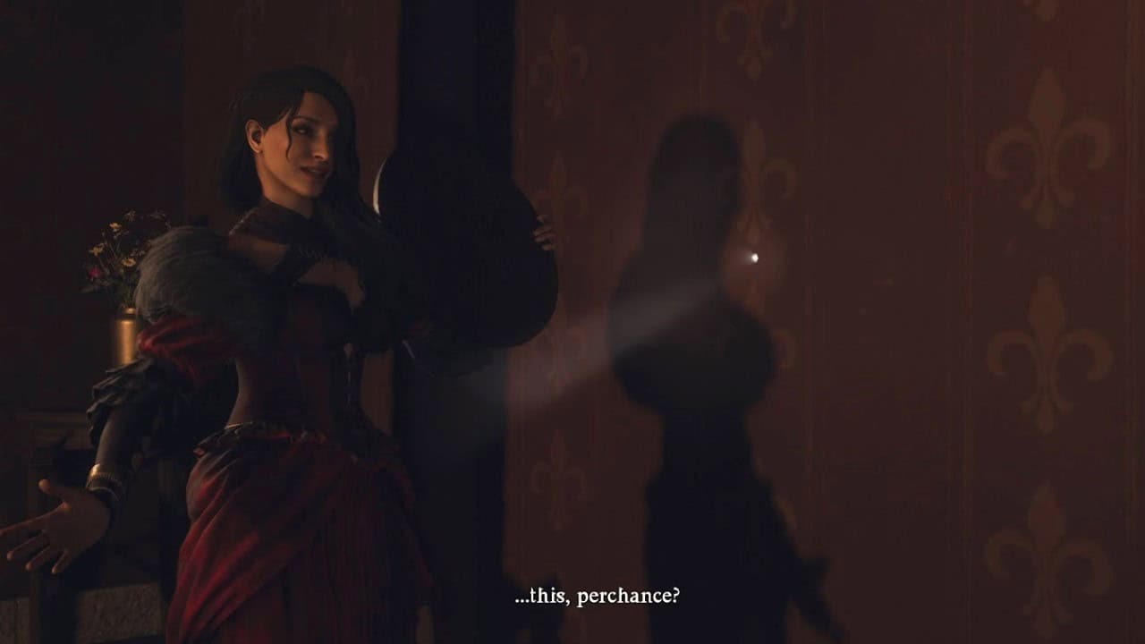 Dragon's Dogma 2 The Stolen Throne: Wilhelmina stands near a keyhole, letting you take a look into another room. Image captured by VideoGamer.