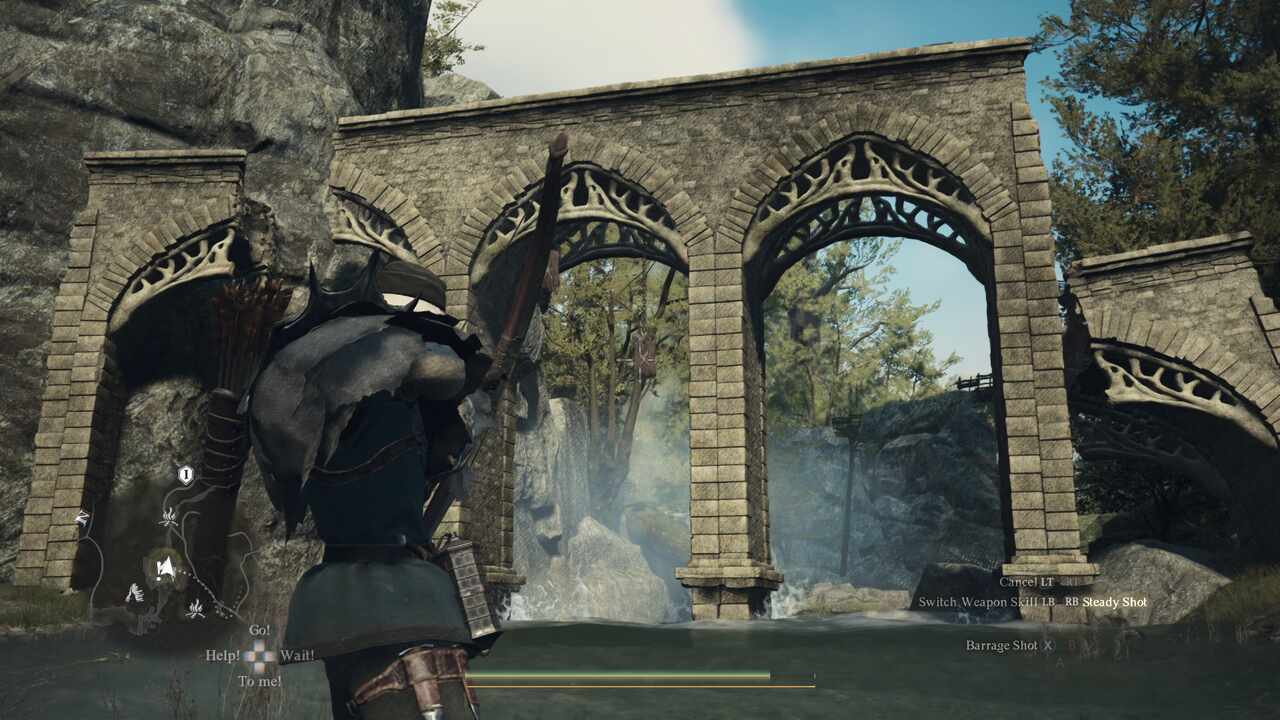 Dragon's Dogma 2 is great, if you take your time: A player firing arrows at targets hanging from a stone viaduct.