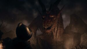 A knight facing a large dragon under a dark sky explores Dragon's Dogma 2 tips and tricks for survival.