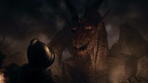 A knight facing a large dragon under a dark sky explores Dragon's Dogma 2 tips and tricks for survival.