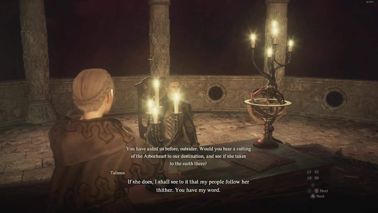 Dragon's Dogma 2 Wandering Roots: Taliesin asking the Arisen to plant the Arborheart cutting at the Seafloor Shrine.