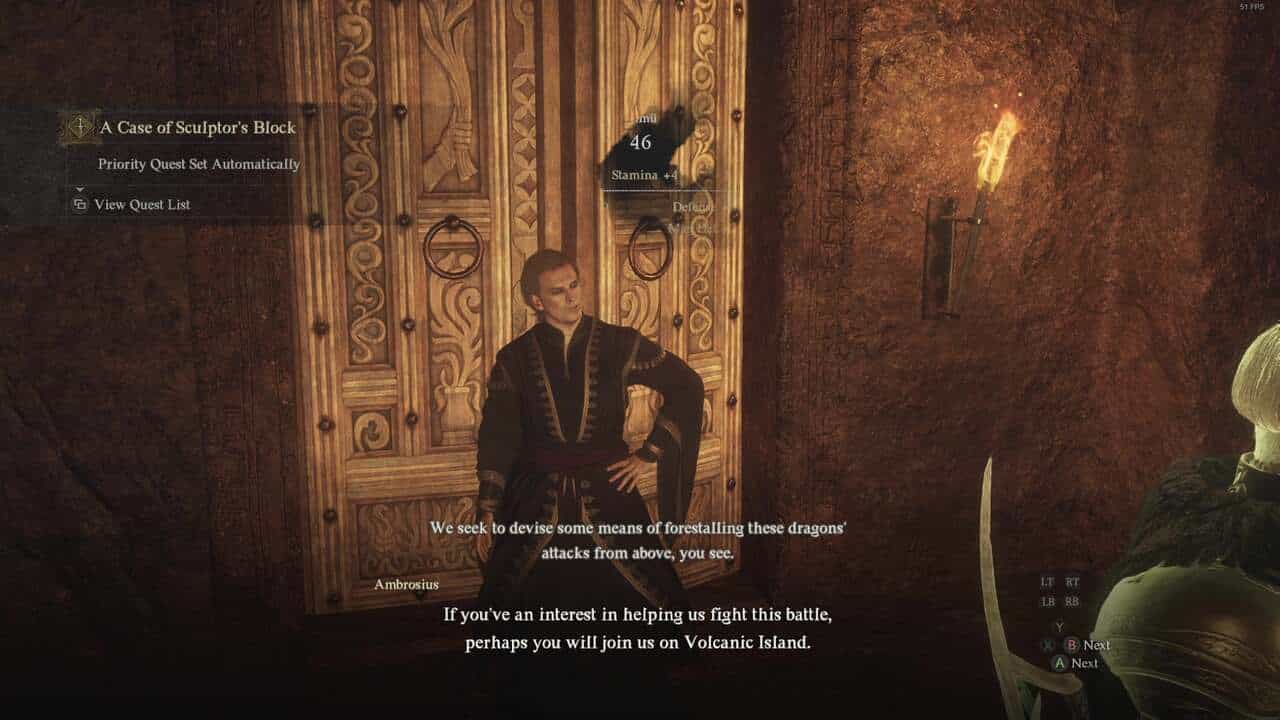 Dragon's Dogma 2 When Worlds Collide: Talking to Ambrosius in the Forbidden Magick Research Lab about his plan.