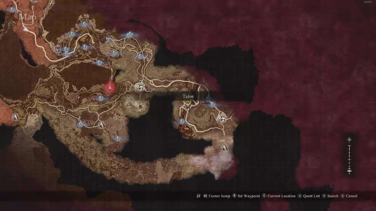 Dragon's Dogma 2 When Worlds Collide: The location of the Talos on a map of Agamen Volcanic Island.