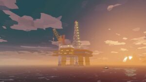 An oil rig in the middle of the ocean at sunset