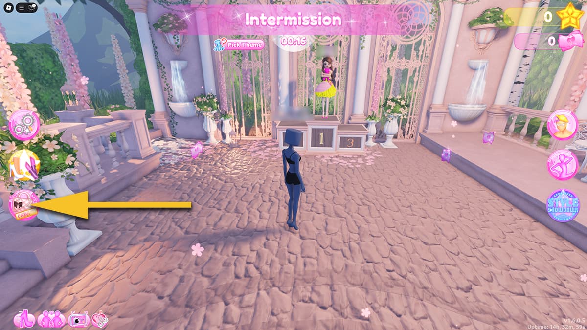Image of the lobby in Dress to Impress game on Roblox, with an arrow pointing at the Codes icon.