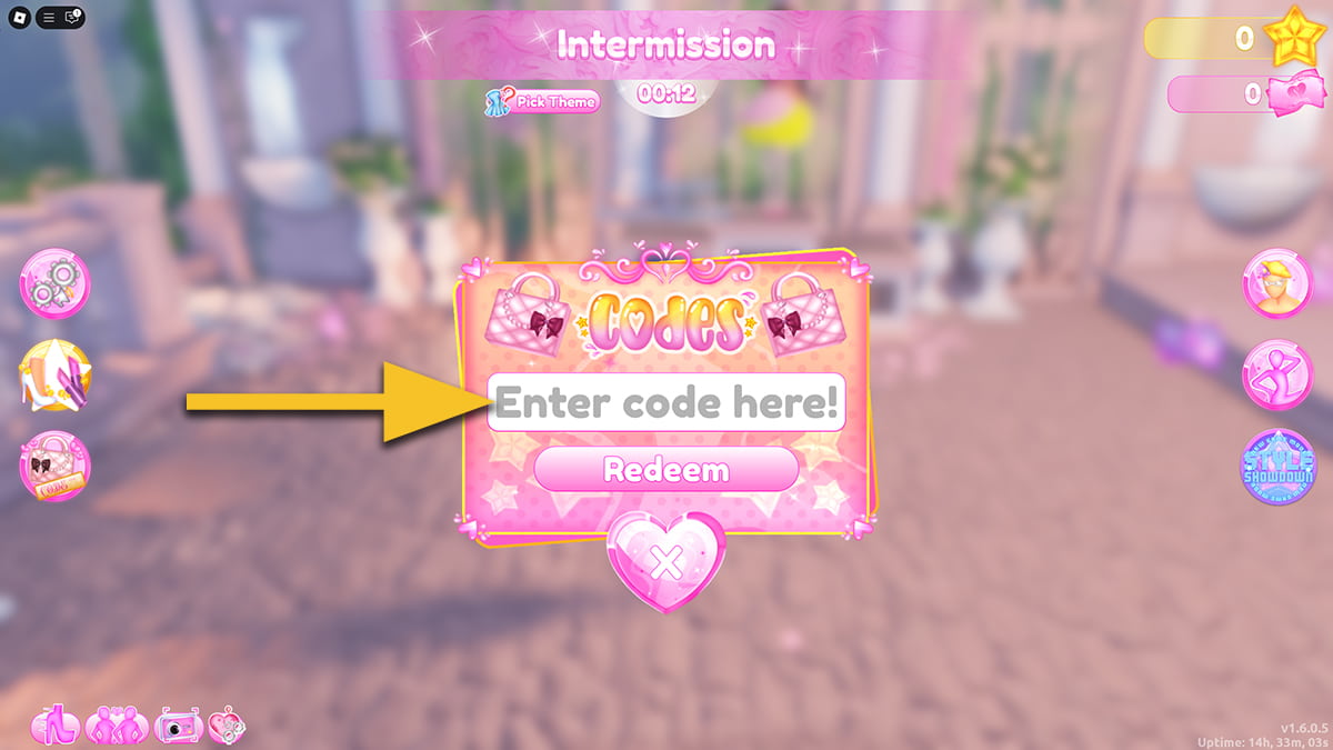 Image of the Code Redeem menu in Dress to Impress game on Roblox, with an arrow pointing on the text field.