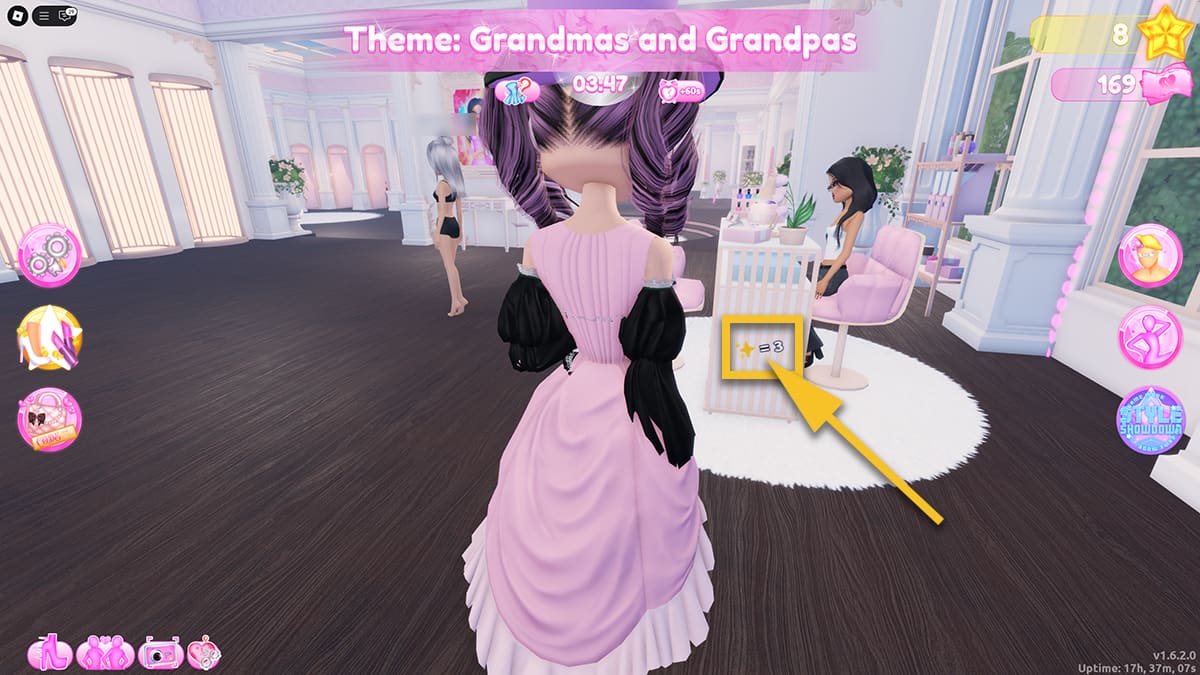 Image of the Dress to Impress lobby on Roblox, with the hidden clue for the flamethrower code pointed with an arrow.