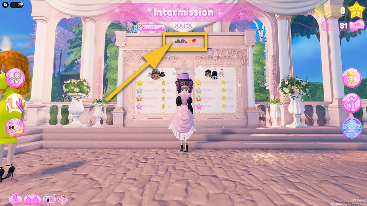 Image of the leaderboard in Dress to Impress on Roblox, with an arrow pointing at the secret flamethrower code combination.