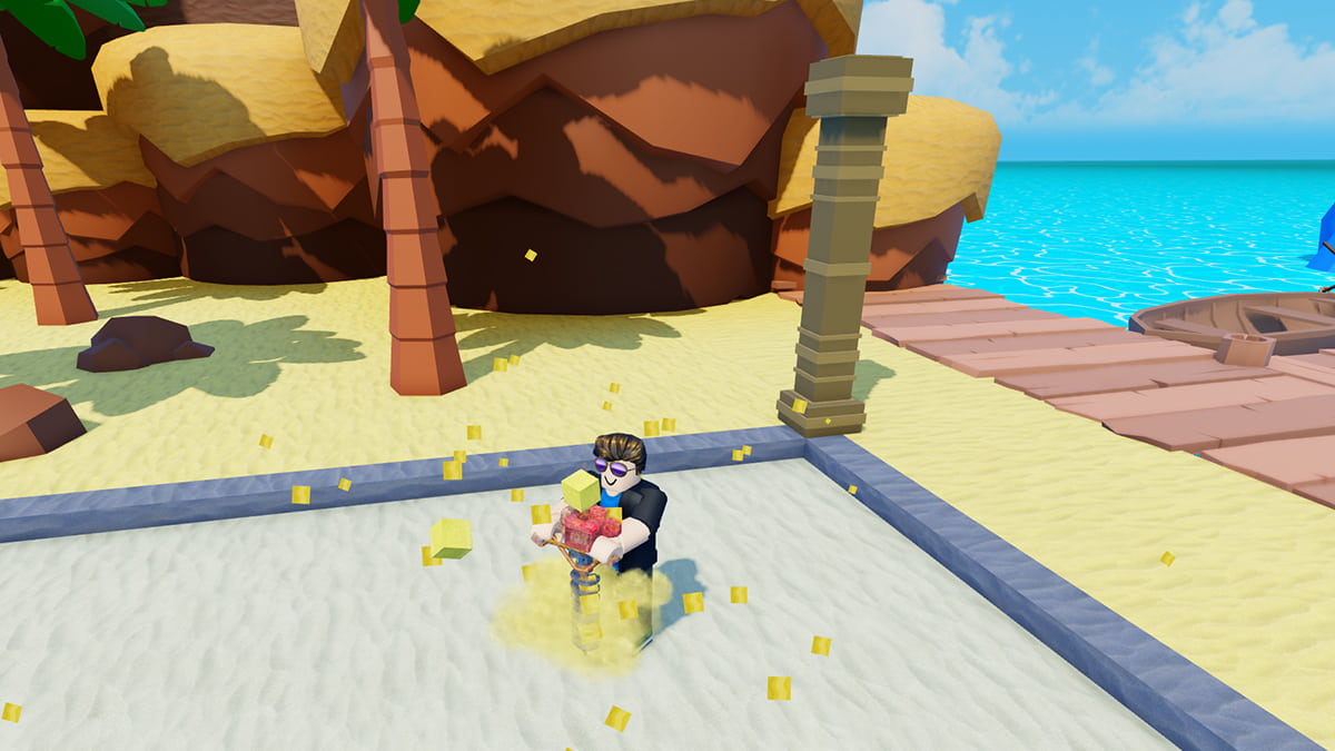 Image of the character using a drill to dig in Drill Digging Simulator game on Roblox.