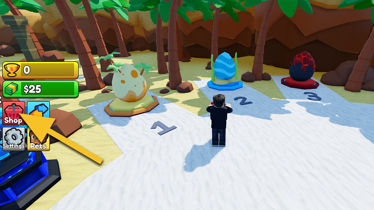 Image from the Roblox game Drill Digging Simulator with an arrow pointing at the Shop icon.