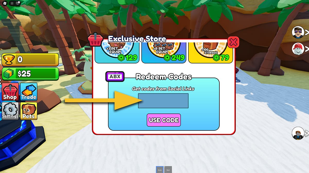 Image of the Shop screen in Drill Digging Simulator on Roblox, with an arrow pointing at the codes redemption box.