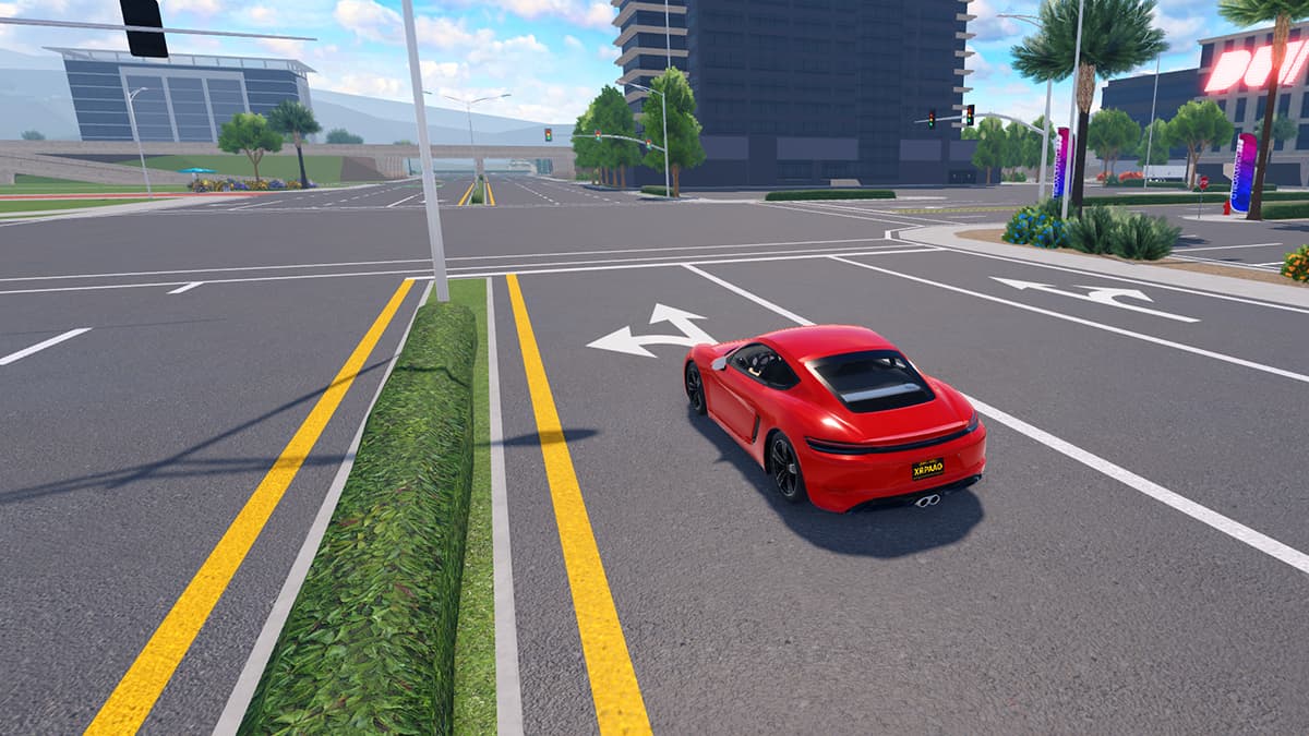 Image of a red race car driving down a street of a city in Drive World experience on Roblox.