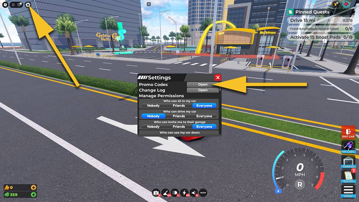 Image of the open Settings screen in Drive World on Roblox, with arrows pointing at the Settings icon and the Promo Codes option.