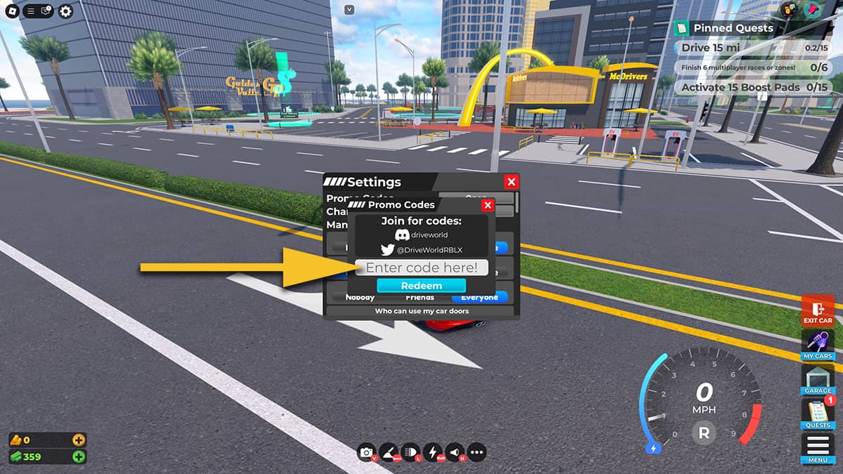 Image of the Promo Codes redeem screen in Drive World on Roblox, with an arrow pointing at the text field.