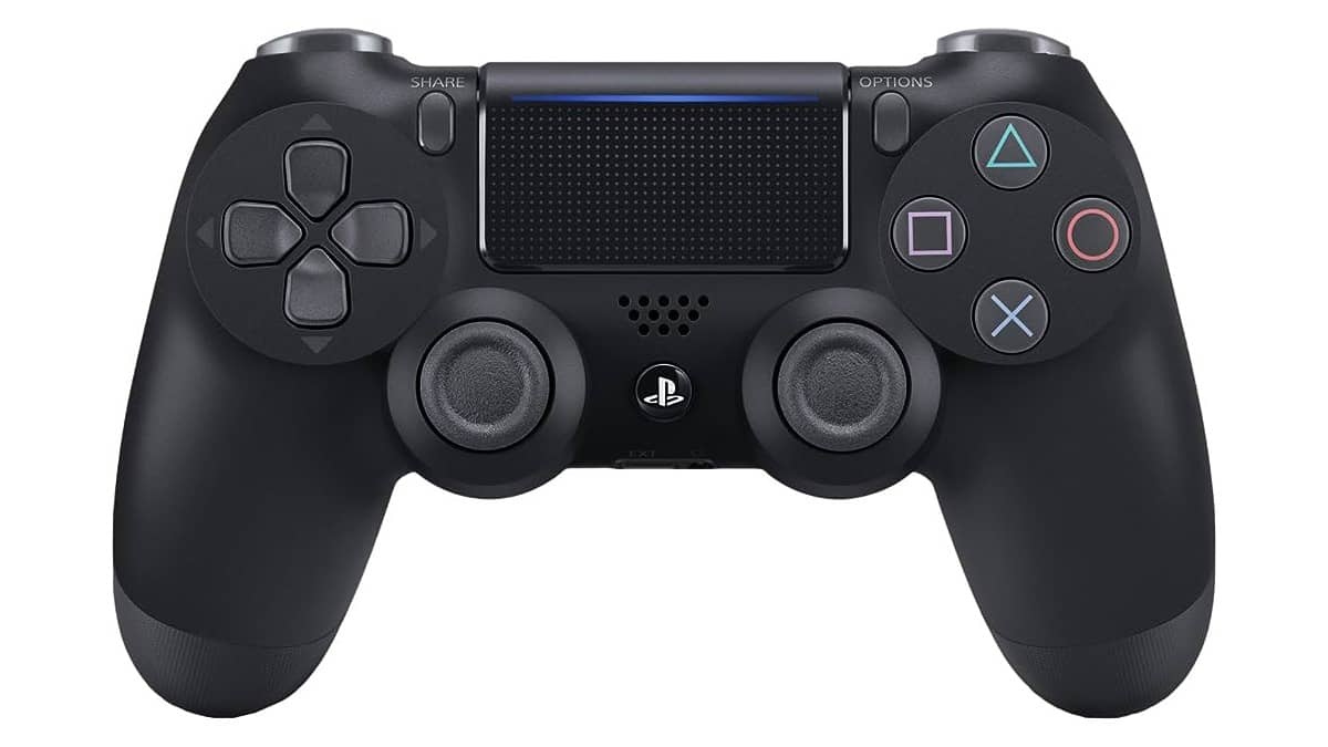 DualShock 4 black PlayStation controller on a white background