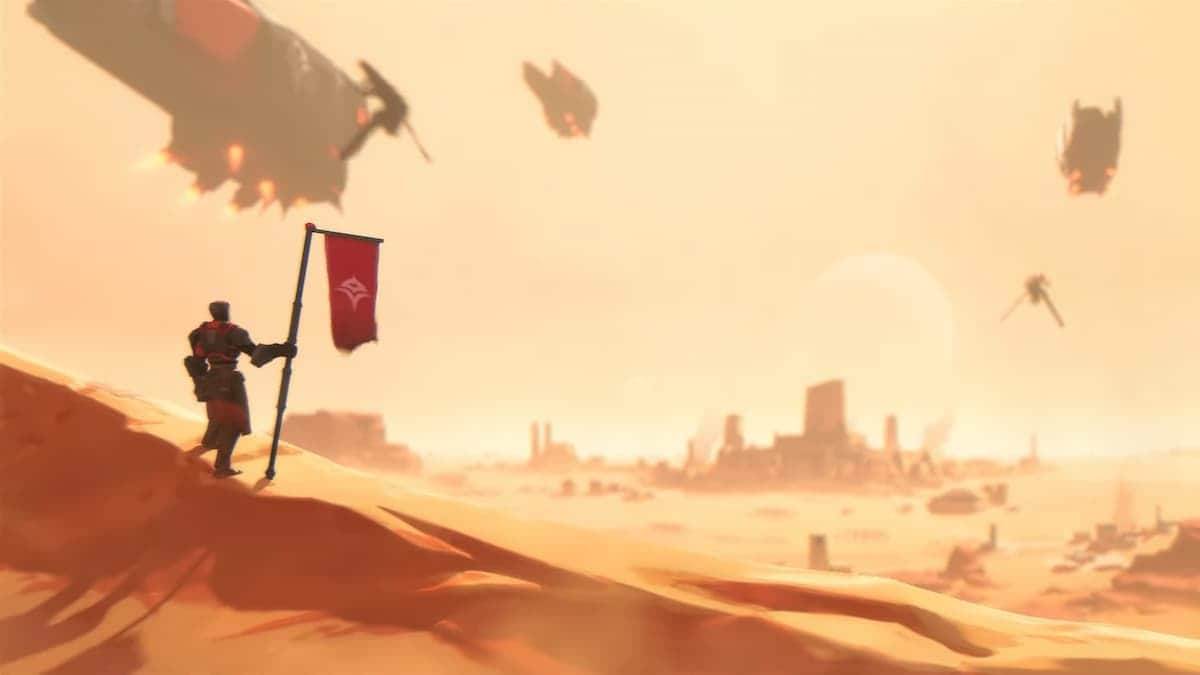 A solider holds a faction flag in the deserts of Dune: Spice Wars