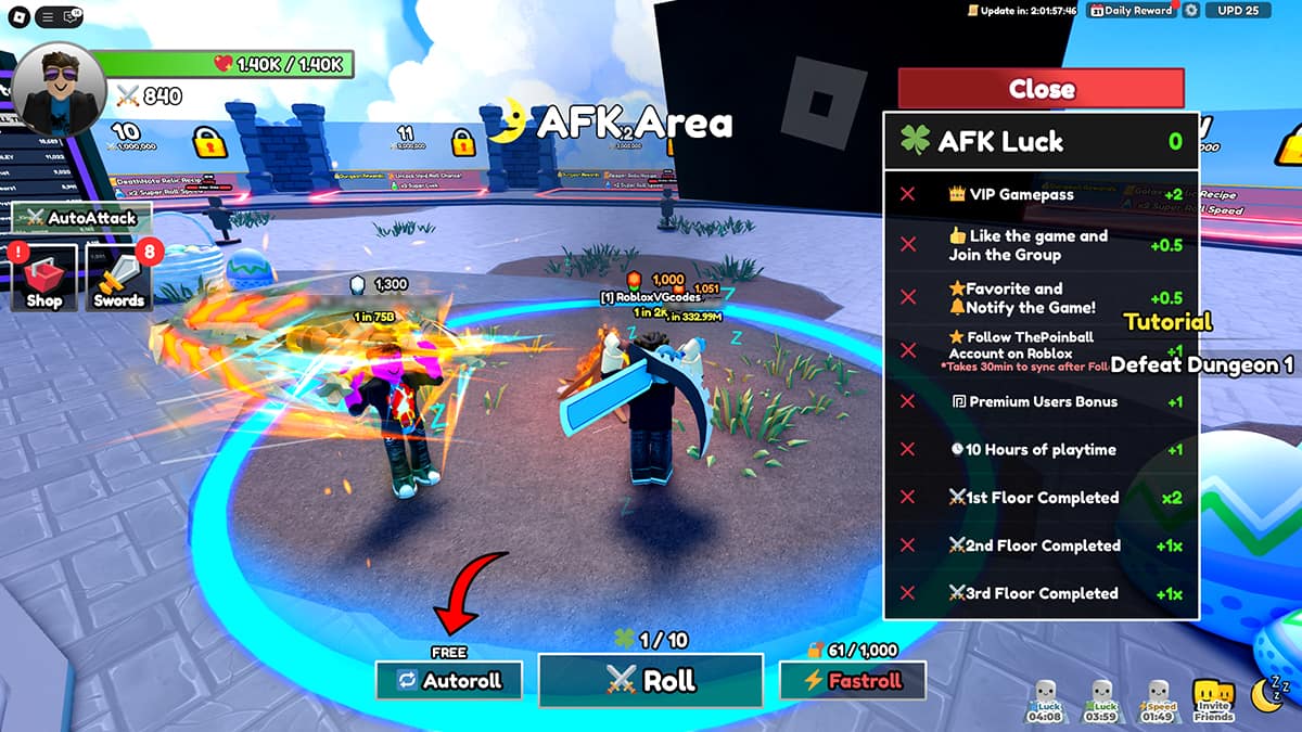 Image of the player standing in the AFK Area in Dungeon RNG on Roblox.