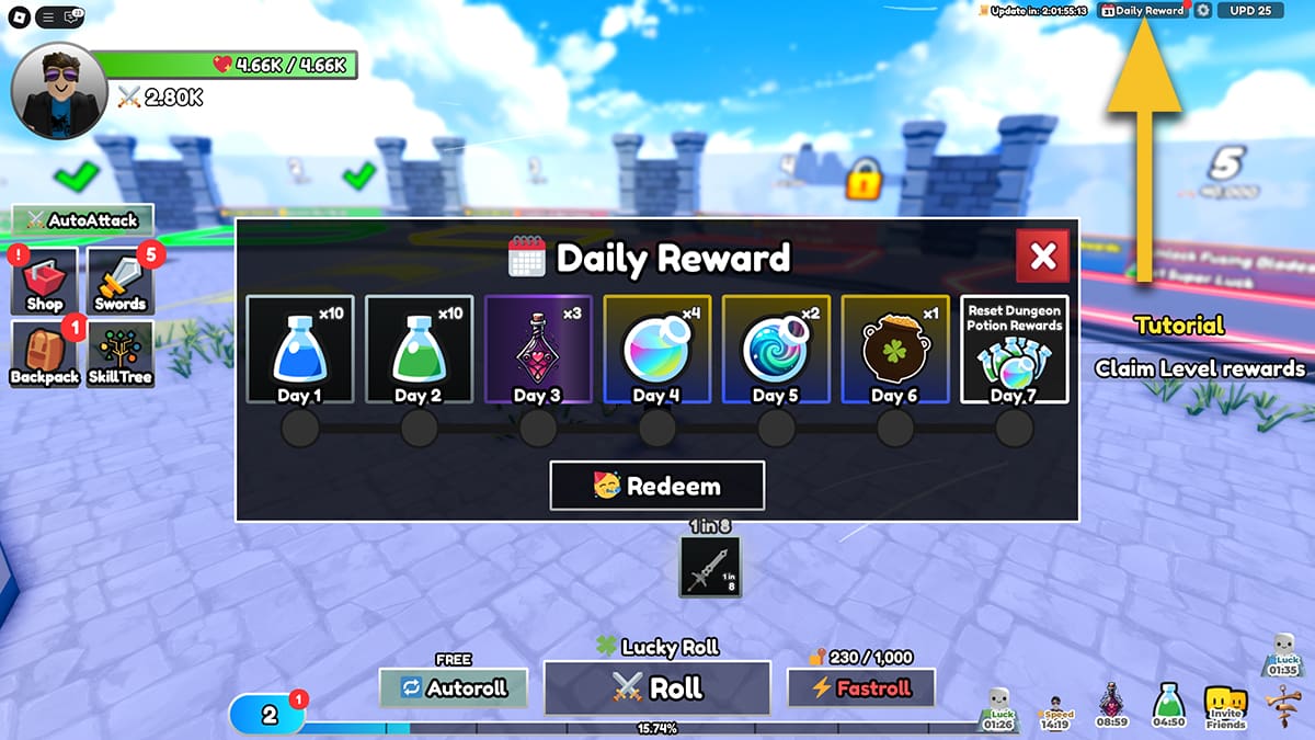 Image of the Daily Rewards window in Dungeon RNG on Roblox, with an arrow pointing at the Daily Rewards button.