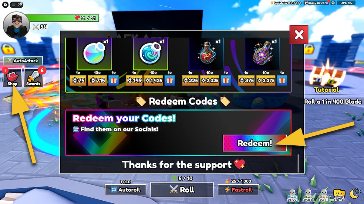 Image of the Shop window in Dungeon RNG on Roblox, with arrows pointing at the Shop icon and the Redeem! icon.