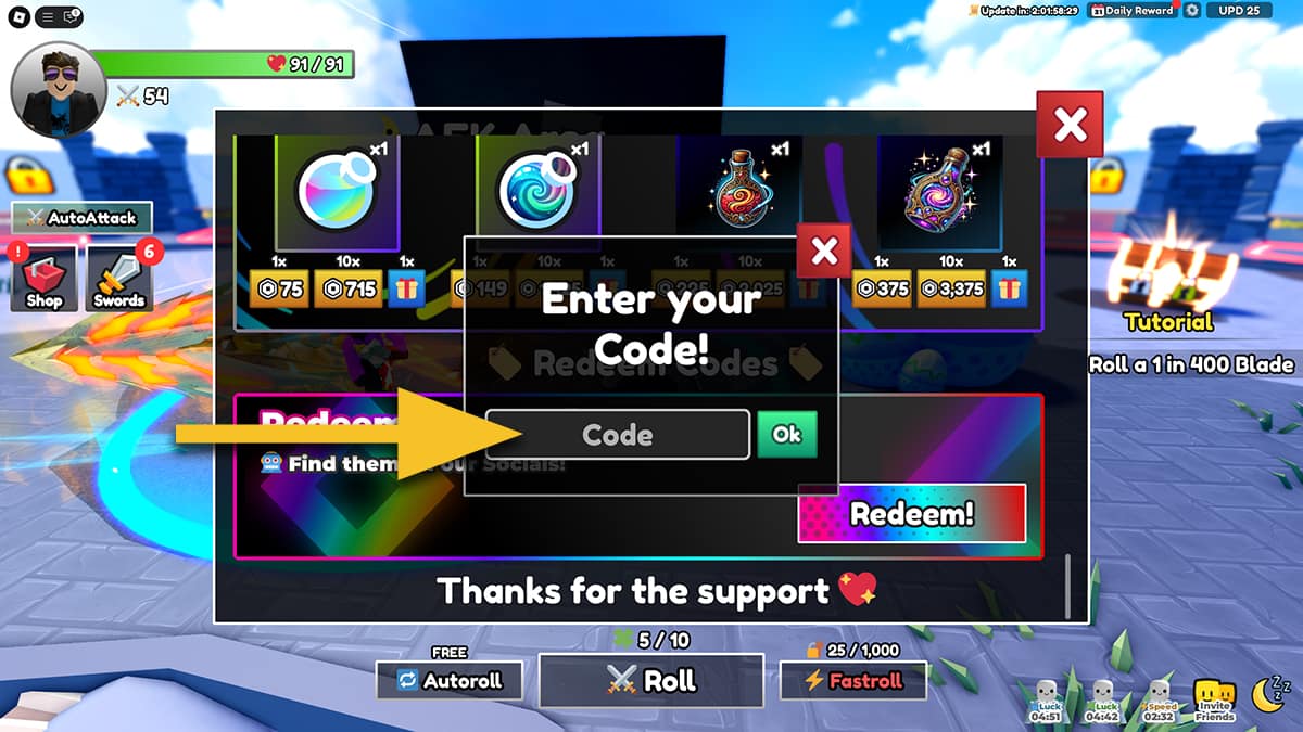 Image of the Shop window in Dungeon RNG on Roblox, with an arrow pointing at the code input text box.