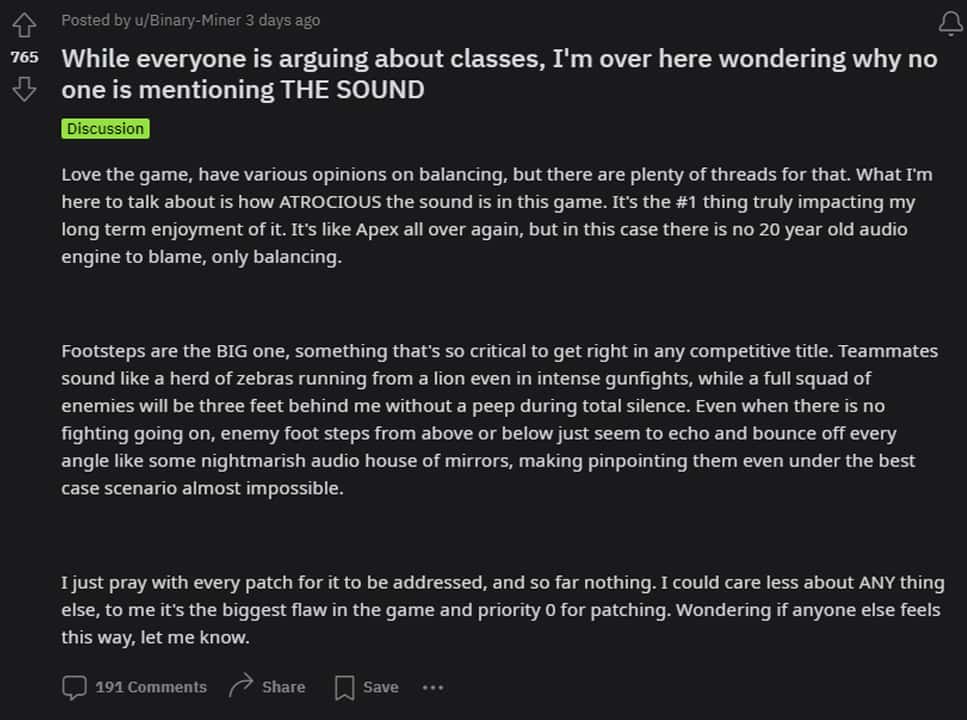 A screenshot of a twitter post about a class facing player backlash over audio issues during The Finals.