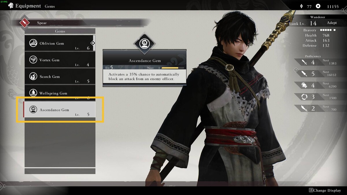 Dynasty Warriors Origins best gems: Gems equipment menu.