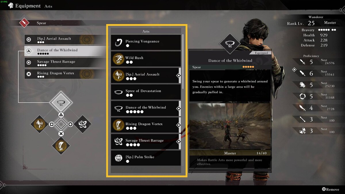 Dynasty Warriors Origins Bravery: Battle Arts in the Equipment menu.