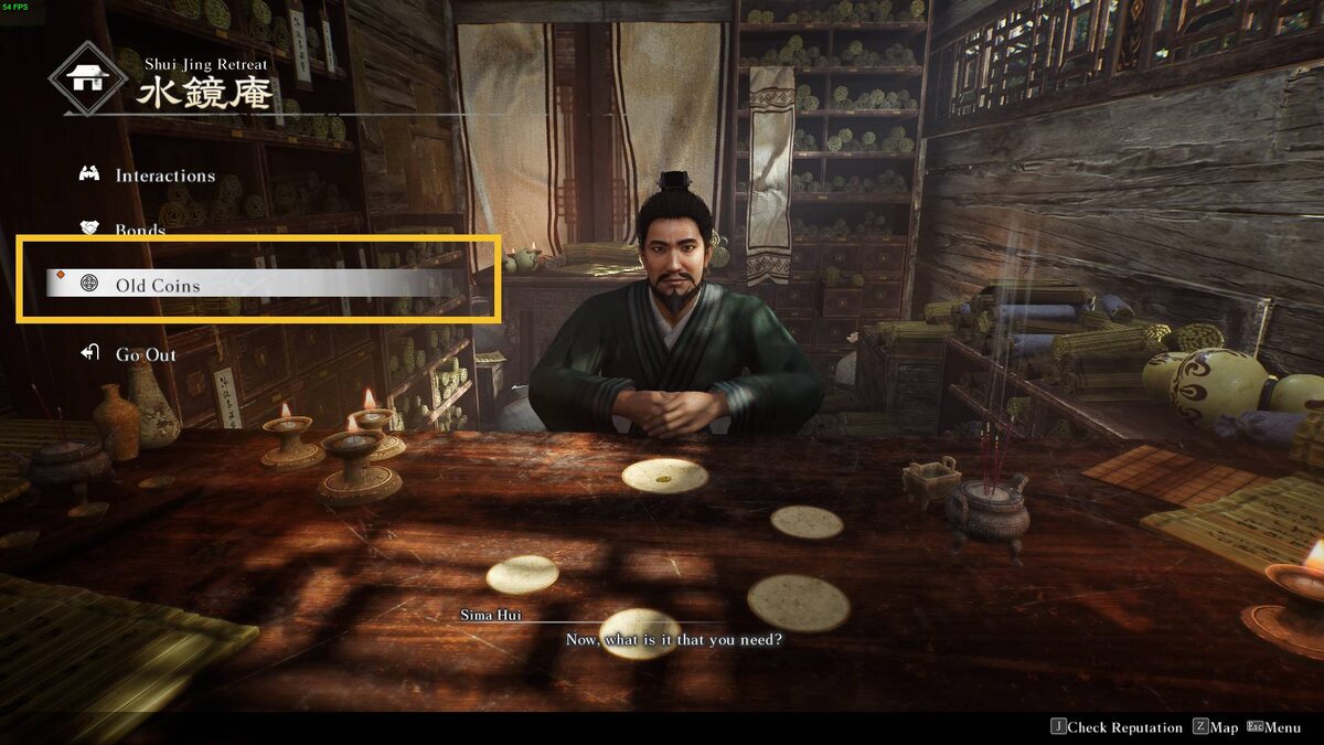 Dynasty Warriors Origins Old Coins: Shui Jing Retreat Old Coins menu.